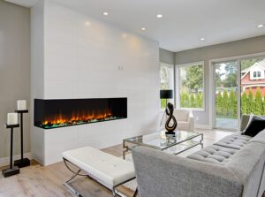 A modern living room with an electric fire