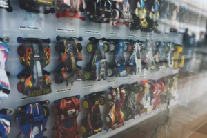 RC cars on the wall in a glass case