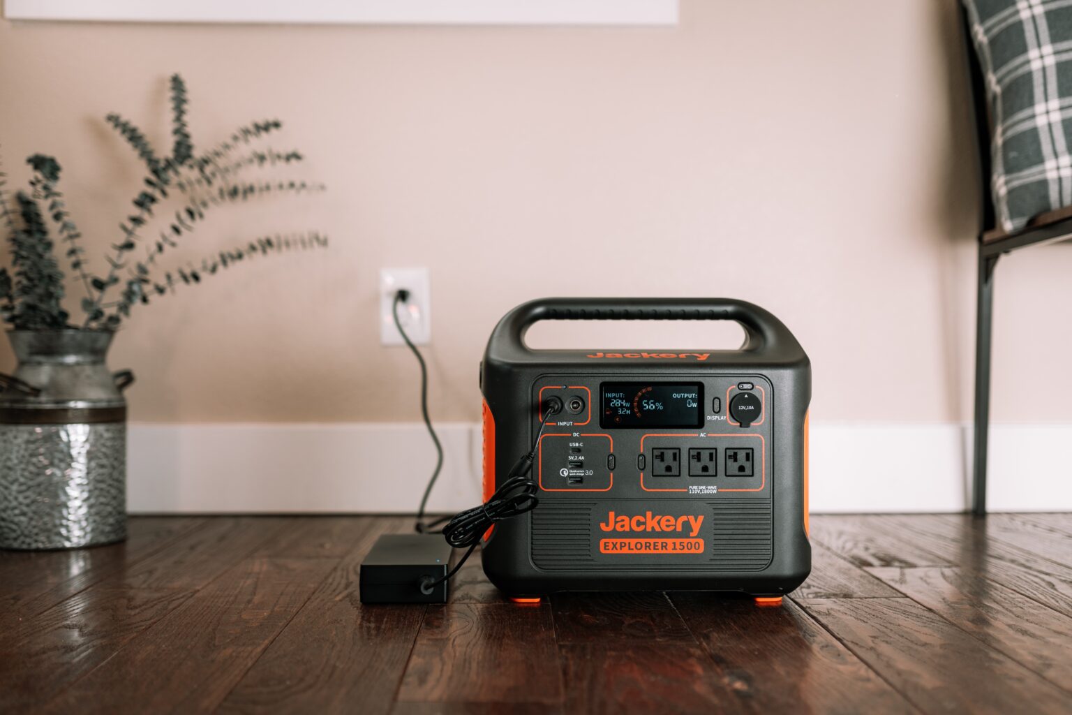 A Battery For Home Backup Power plugged in to an outlet