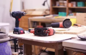 Electric tools on a bench in a workshop