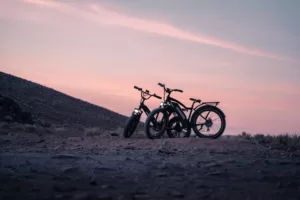 Two electric bikes on a mountain with a picturesque pink sky behind them