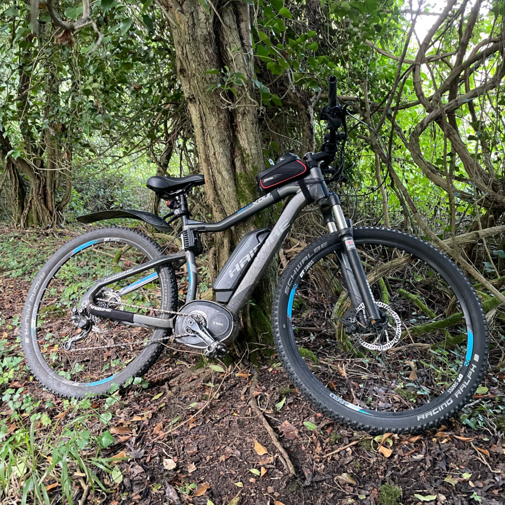 A Haibike xDuro HardNine RC leaning against a tree in the woods